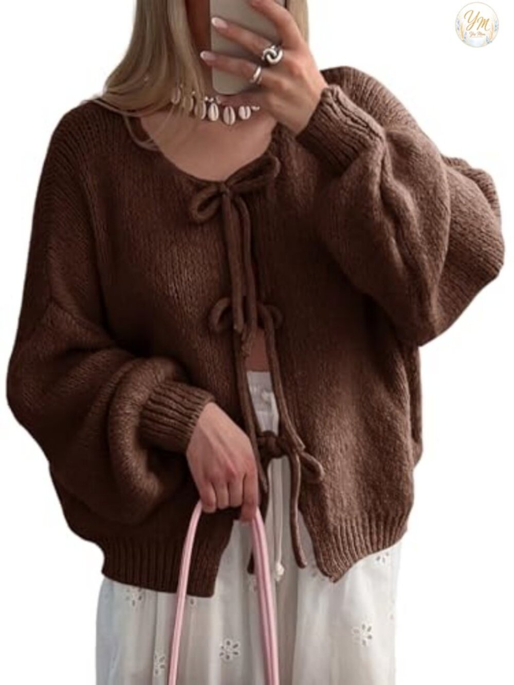 Women's Oversized Tie Front Bow Cardigan Long Sleeve Ribbed Knit Sweater